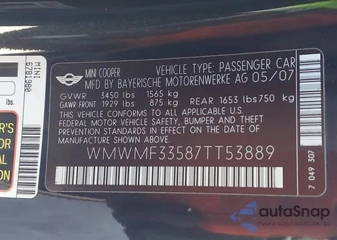 2007 Mini Cooper from USA, damaged, VIN WMWMF33587TT53889